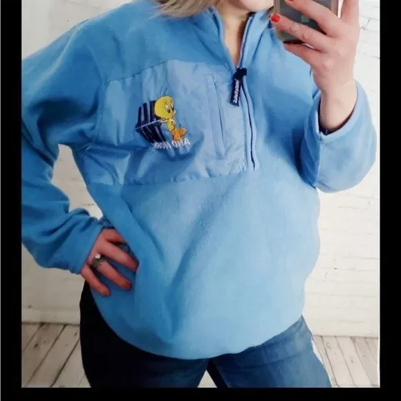 Vintage 90s Y2K Kidcore Looney Tunes Blue Tweety Bird Pullover Fleece - Picture 2 of 14